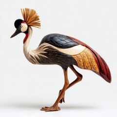 Fototapeta premium Decorative Wooden Sculpture Of A Crowned Crane Bird Featuring Intricate Texture And Natural Colors