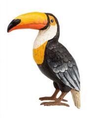 Fototapeta premium Decorative Wooden Toucan Figurine With Bright Painted Tropical Colors Against A Clean White Background