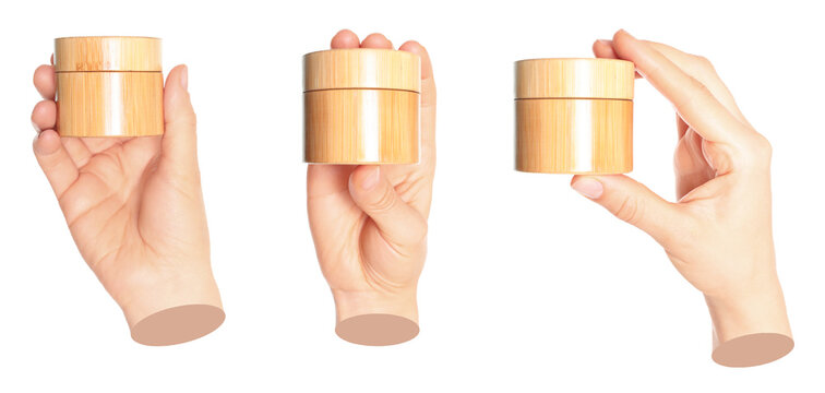 Set of hand contemporary art style holding bamboo cosmetic cream jar, isolated on transparent background. Perfect for skincare design, eco beauty and cosmetic advertising concepts