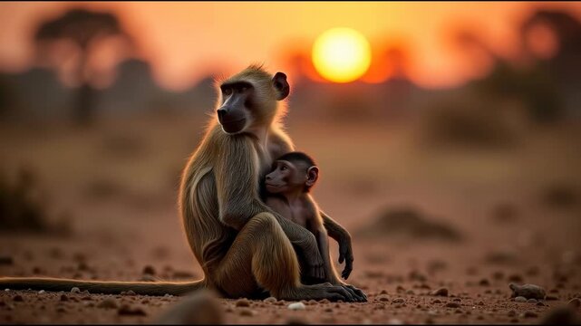 A mother baboon and her baby sitting together on the ground