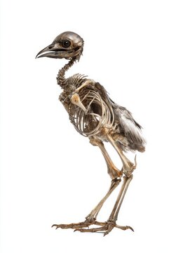 Detailed Bird Skeleton Specimen Standing On Isolated White Background With Scientific Lighting