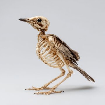 Detailed Bird Skeleton Specimen Standing On A Clean Neutral Gray Background For Biology Education