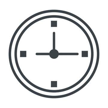 Minimalist circular clock icon with geometric markers and hands pointing to three forty five on a white background. Time management concept