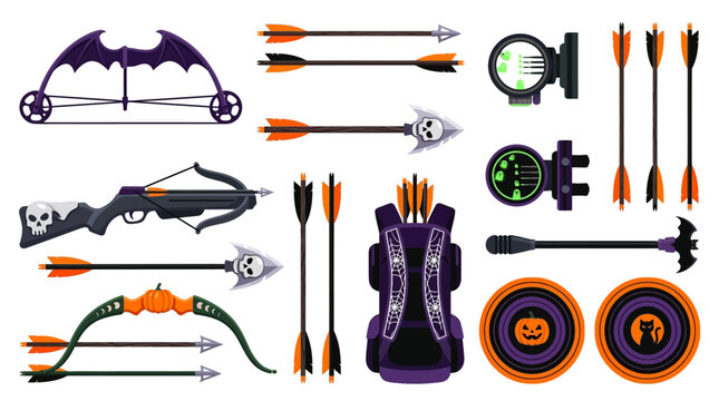Halloween archery equipment vector set with bow, arrows, quiver, sights and targets. Spooky hunting accessories illustration isolated on White Background Helloween