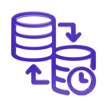 3D purple database sync icon for scheduled data migration, server backup, and database transfer