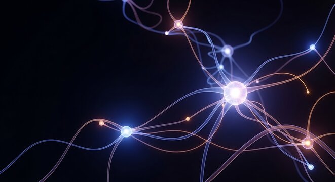 Abstract glowing neural network connections on a dark background.