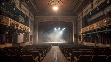 Naklejka premium Abandoned 1920s theater interior with vintage architecture and dramatic stage spotlighting.