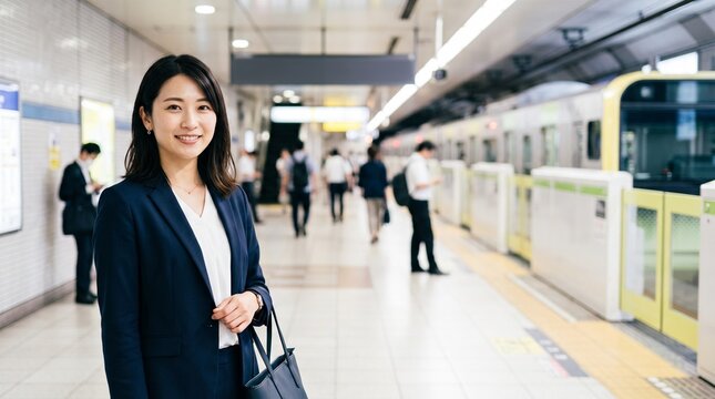 プロフィール写真をイメージした、地下鉄のホームを背にして穏やかな笑顔をカメラに向けている、知的な印象の20代日本人女性社員のバストアップポートレート