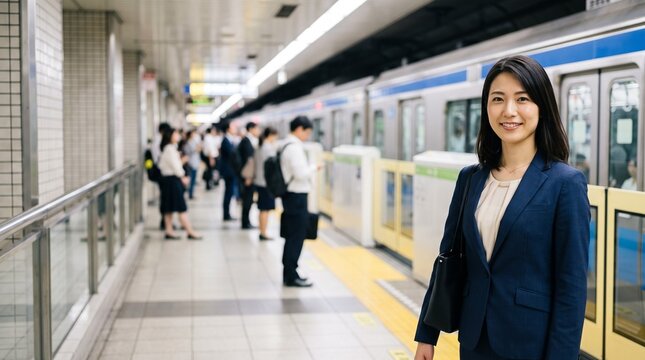 プロフィール写真をイメージした、地下鉄のホームを背にして穏やかな笑顔をカメラに向けている、知的な印象の20代日本人女性社員のバストアップポートレート