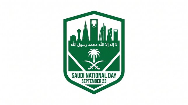 Saudi Arabia national day green shield emblem with Riyadh skyline palm tree crossed swords calligraphy landmark vector illustration