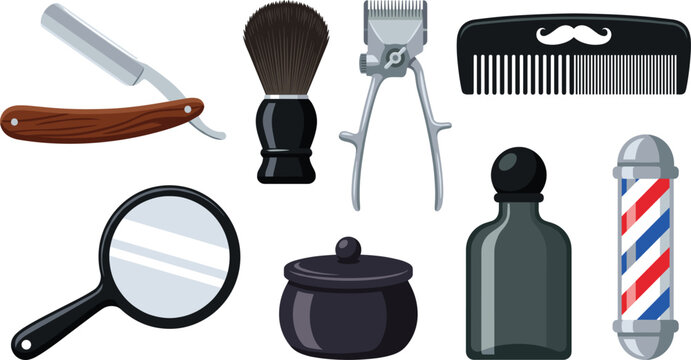 Vintage barbershop haircut and shaving equipment vector set with razor brush clipper comb and mirror