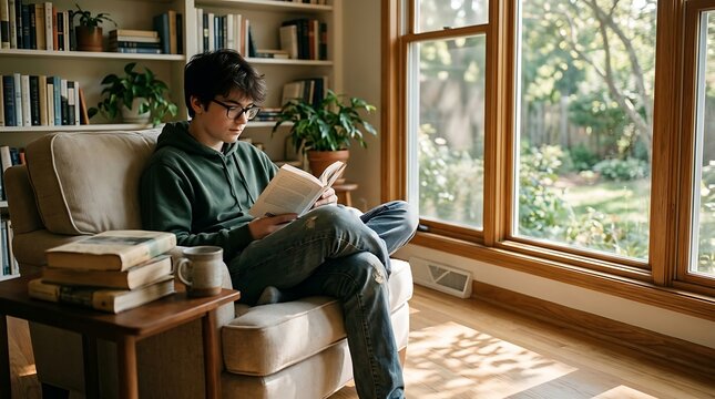 Young male student reading a book in a cozy living room by the window view