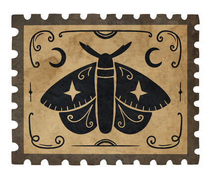 Vintage Halloween Paper Postage Stamp with Moth Silhouette. Antique scrapbook mark with crescent moon and star for journal and collage design
