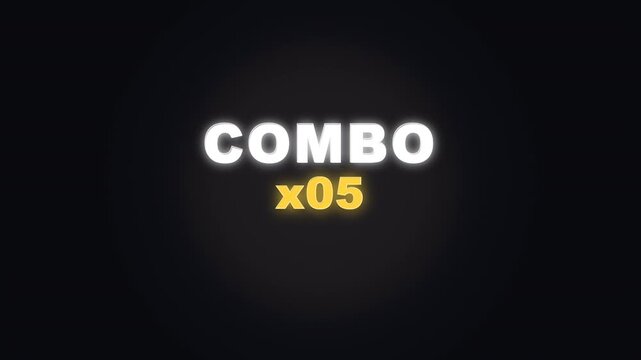 Premium game-style combo notification animation featuring escalating combo counters, physical impact reactions, energy streaks, and a seamless deterministic loop. Suitable for gaming interfaces, actio