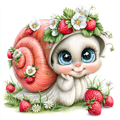 Cute Strawberry Snail Character Illustration with Big Blue Eyes © Glitter.Dream