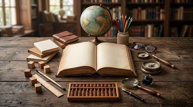 Open book with educational objects on a rustic wooden library desk