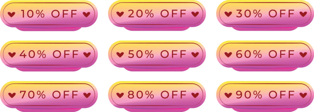 Pink and yellow gradient discount tags, set of 9 sale percentage labels from 10 to 90 percent off, vector promotion badges for retail shopping