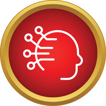 Human head outline displaying neural network connections in a red and gold button icon