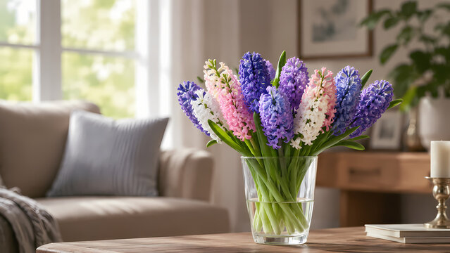Colorful pink, blue, purple and white hyacinths arranged in a clear glass vase on a coffee table in a cozy sunlit living room with a sofa, window, houseplants and soft neutral decor