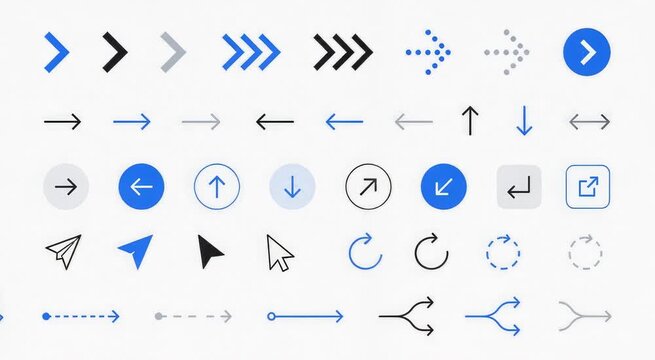 Collection of minimalist blue, black and gray arrow icons and cursors for UI and web design