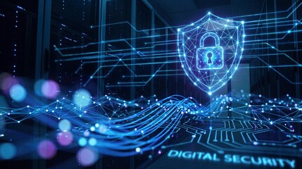 Fototapeta premium Glowing Digital Security Shield Icon with Padlock Over Server Room Data Center Background, Symbolizing Cybersecurity and Data Protection Concept