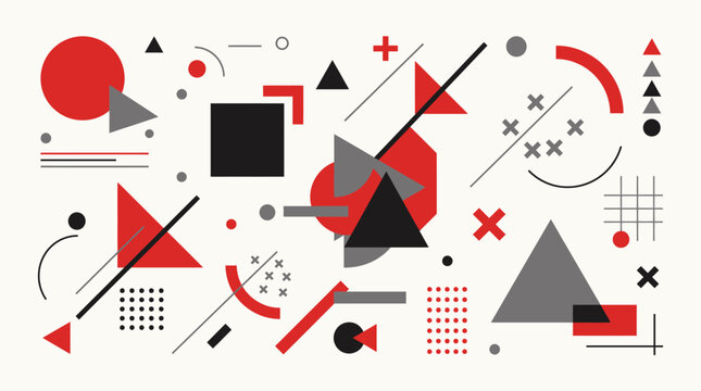 Abstract geometric Bauhaus style vector pattern composition with red, black, and gray shapes