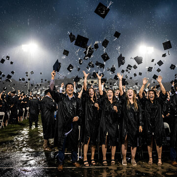 Graduation Ceremony in Rain with Caps Tossed in Air
