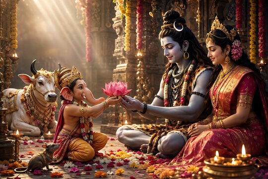 Lord Ganesha, Shiva and Parvati Divine Family &ndash; Ganesh Chaturthi, Gauri Ganpati, Ganesh Jayanti and Maha Shivratri Celebration