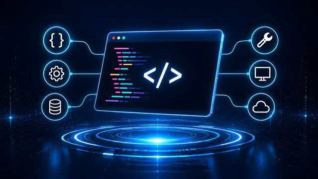 Software development and coding concept with glowing screen showing programming code connected to technology icons representing digital API integration and IT solutions