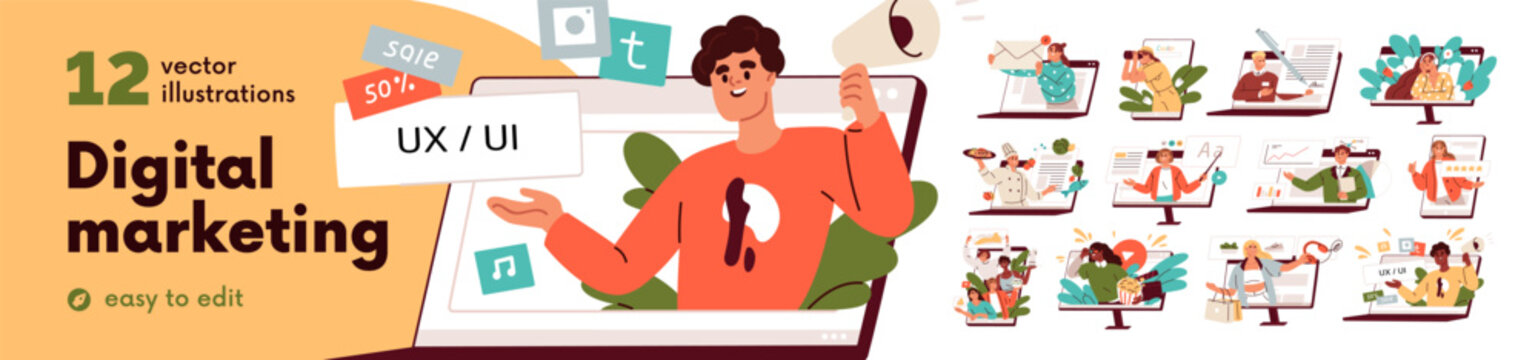 Digital content, online marketing. Business in media, web sites. Communication in digital marketing, online content for business. Internet work, training, advertising. Flat vector illustrations