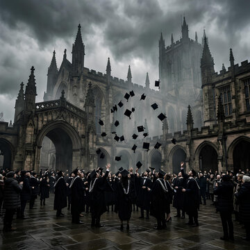 Graduation ceremony students throwing caps in air gothic university architecture dark moody sky