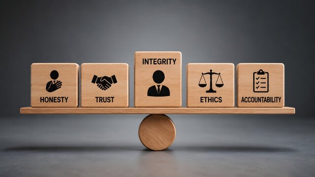 Wooden blocks balanced on a seesaw featuring honesty trust integrity ethics and accountability icons representing corporate core values and business morality concept