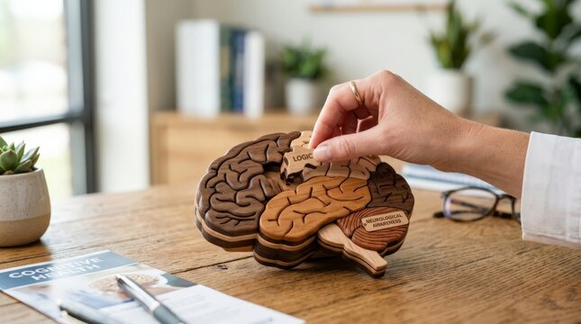 A person placing a puzzle piece labeled logic into a wooden brain sculpture on a desk, highlighting alzheimer research and cognitive health awareness in a bright room