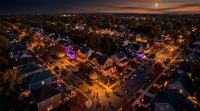 Aerial View of a Neighborhood Decorated for Halloween at Dusk