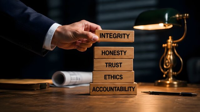 Businessman hand stacking wooden blocks with integrity honesty trust ethics and accountability text defining corporate core values
