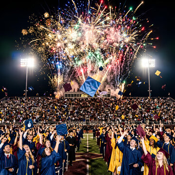 Graduation Ceremony with Fireworks and Caps Tossed in Air