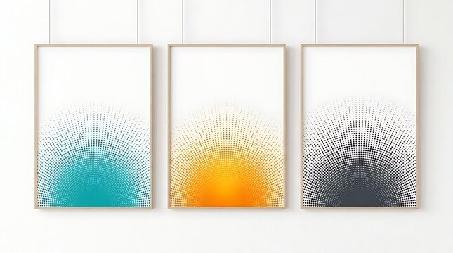 Three wooden frames hanging on a white wall with minimalist colorful dotted sunburst graphic art