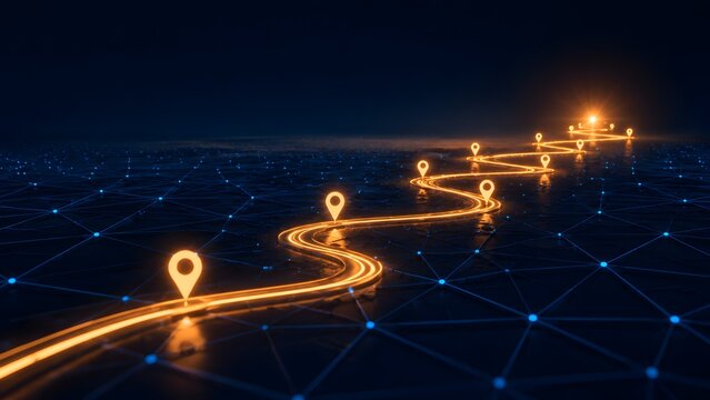 Glowing winding roadmap with location pins on digital network grid leading to bright horizon illustrating futuristic business journey