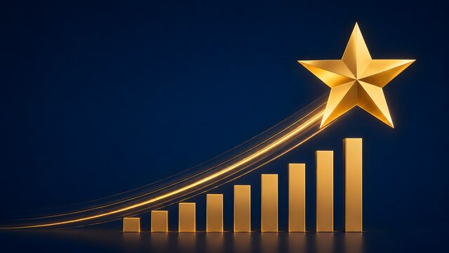 Ascending golden bar chart with shooting star soaring upward illustrating exponential business growth and financial profit increase