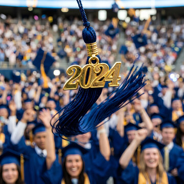 Graduation Tassel 2024 with Blurred Crowd Cheering in Stadium
