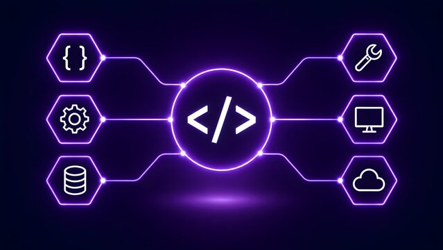 Glowing purple network diagram with programming code icon for software development and API integration