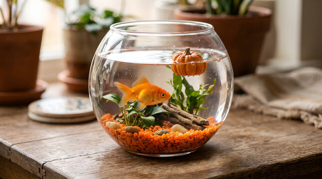 Goldfish in a glass bowl with a floating pumpkin decoration for autumn home decor
