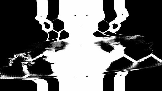 Modern black and white glitch hexagon luma matte transitions with distorted honeycomb pattern wipes for cyberpunk video edits and sci-fi cuts.