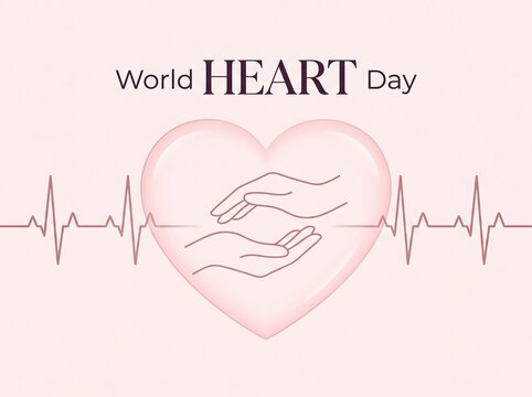 World Heart Day Concept with Protecting Care Hands Line Art and Pulse Line on Pink Heart Background