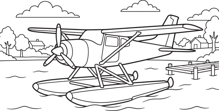 Black and white coloring book page featuring a seaplane floatplane parked near a wooden dock on water also transparent background