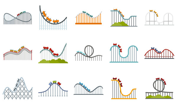 Roller coaster collection, amusement park rides, roller coasters, vector set, entertainment icons, theme park attractions, colorful roller coaster symbols