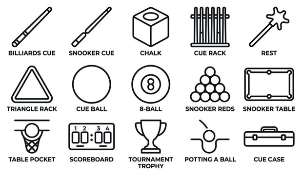 Set of billiard and snooker equipment icons including cues balls table and accessories in black line Minimal Outline Liner icon set bundle collection. Editable stroke Vector Illustration Mega pack