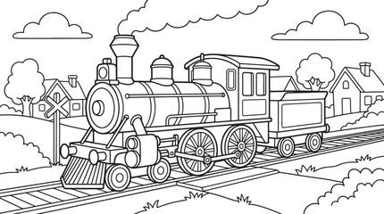 Coloring page featuring an old-fashioned steam locomotive train moving on tracks through a rural landscape with houses also transparent background © PixelSaga MH2 