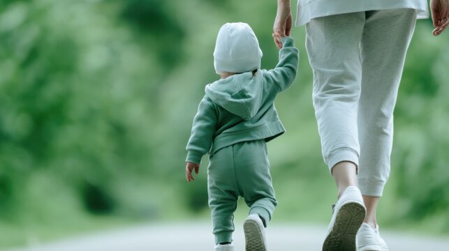 A parent holding hands with a toddler as they walk along a path in a park, signifying growth and guidance. The child wears a green outfit and a white hat.
