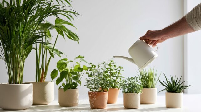 A hand holding a watering can gently waters a collection of potted green plants on a white table. The various plants are in different sized pots.